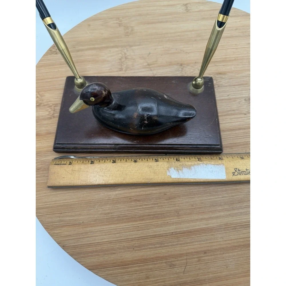 Vintage Pen Holder Desk Set -wooden Duck With Brass‎ Beak And 2 Pens UCGC Taiwan